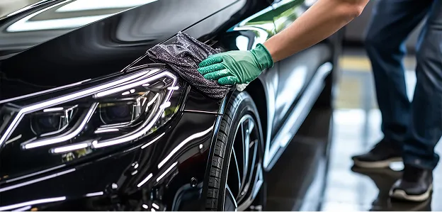 Une personne nettoie et lustre le capot noir d'une voiture avec un gant et un chiffon à Saint-Orens près de Toulouse en Haute-Garonne 31